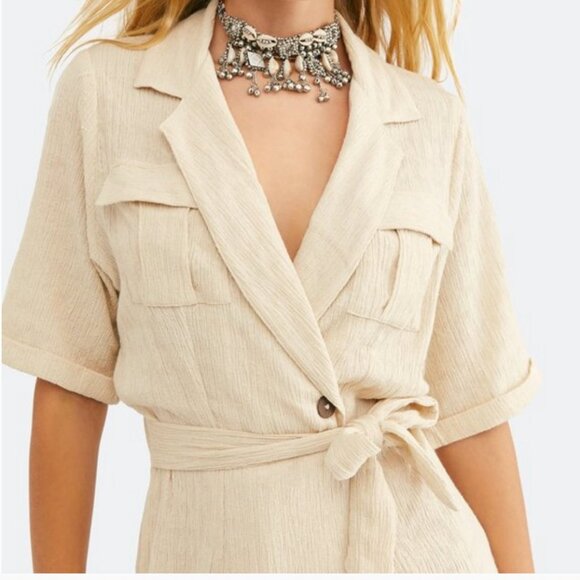 NWT Free People Clementine textured mini wrap dress in natural oatmeal Size LG - Picture 2 of 5
